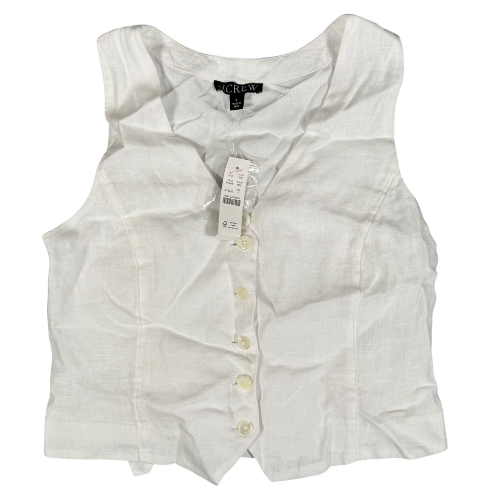 J.Crew Vest BY698 Women Size 4 White 100% Linen Button Front Tailored Cinch Back